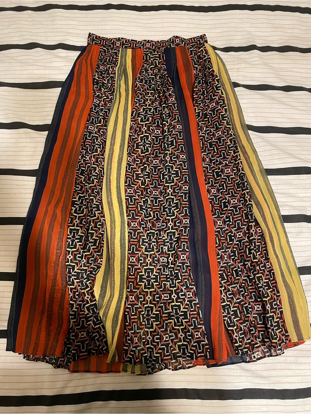 BCBGMaxAzria Multi-Pattern Midi Skirt in Yellow, Orange, Navy